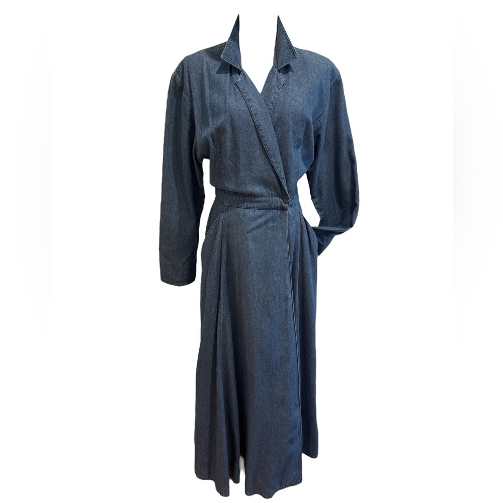 80s CLIFFORD & WILLIS DISTRESSED BLUE DENIM WRAP MAXI DRESS W CIRCLE SKIRT SZ 12 - Picture 2 of 7
